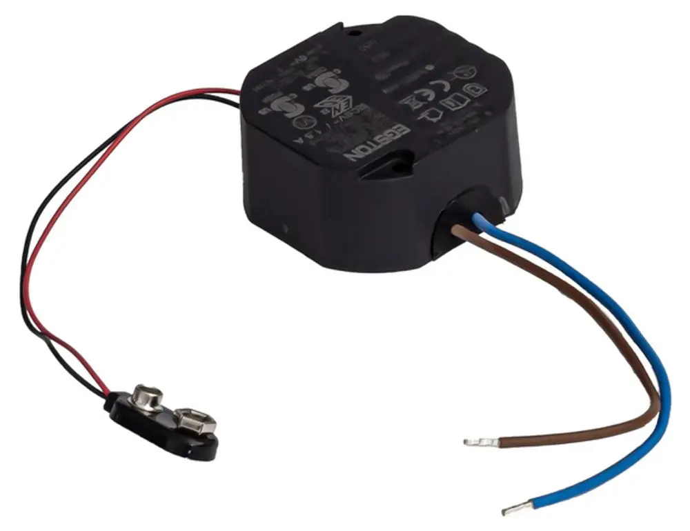 Schwarzes Gehäuse mit Anschlusskabel und zwei Drähten, typisch für elektrische Komponenten. Produkt von Keuco.
